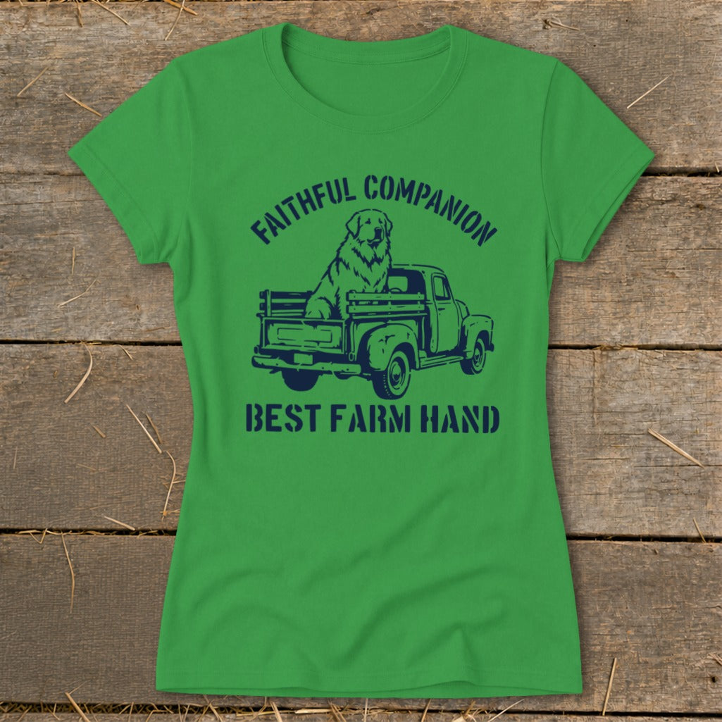 Green t-shirt with dark blue graphic of a dog in a truck, text reads "FAITHFUL COMPANION" and "BEST FARM HAND".