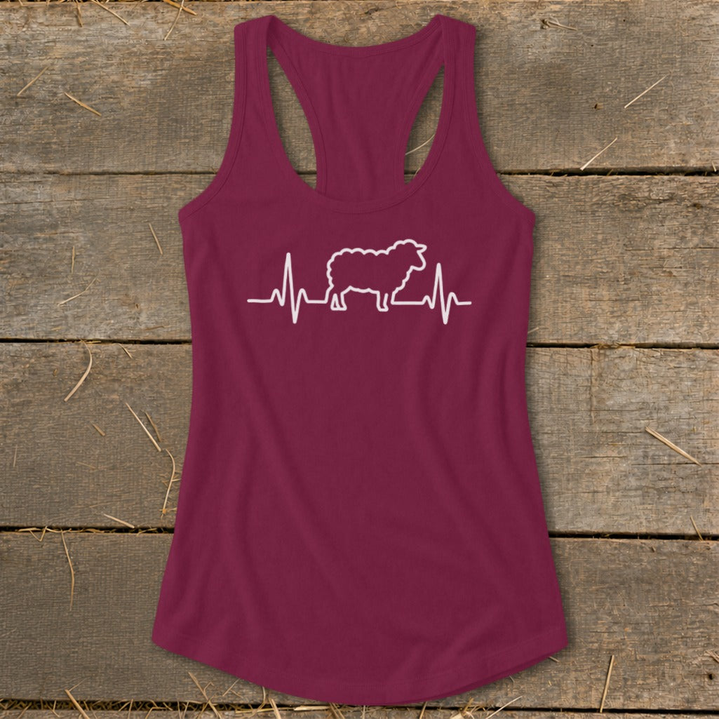 Maroon racerback tank top featuring a white sheep silhouette integrated into an EKG heartbeat line.
