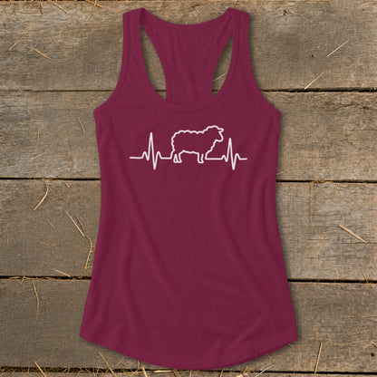 Maroon racerback tank top featuring a white sheep silhouette integrated into an EKG heartbeat line.