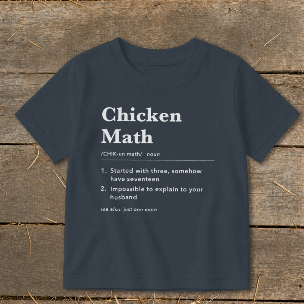 Navy t-shirt with "Chicken Math" definition and humorous explanation.