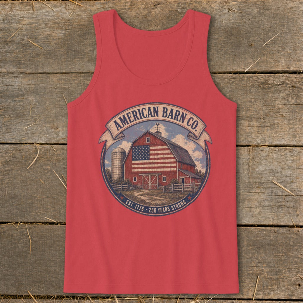 Red tank top with American Barn Co. logo featuring a barn and silo with American flag.