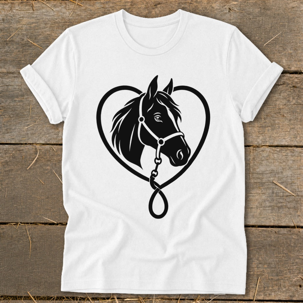 A white t-shirt featuring a black graphic of a horse head inside a heart-shaped outline.