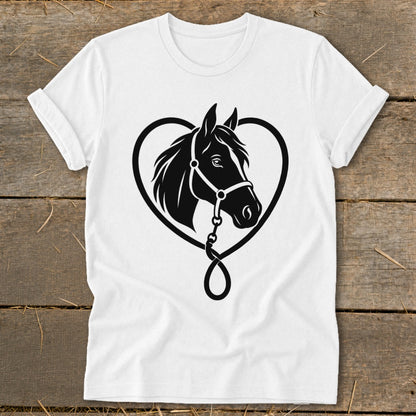 A white t-shirt featuring a black graphic of a horse head inside a heart-shaped outline.