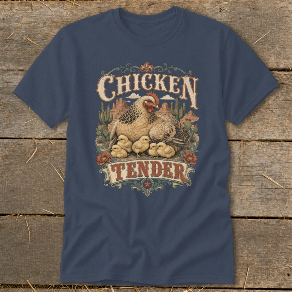 T-shirt graphic with hen and chicks and text "Chicken Tender."