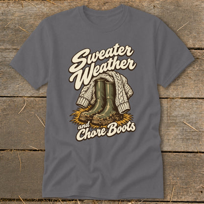 Sweater Weather and Chore Boots graphic on a grey t-shirt.