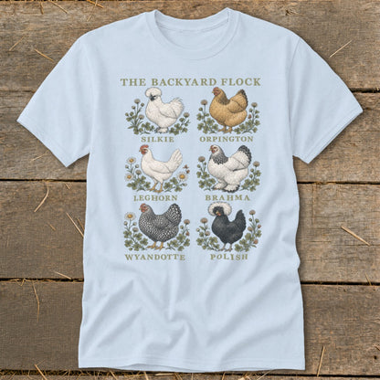 "The Backyard Flock" t-shirt features illustrations of six chicken breeds: Silkie, Orpington, Leghorn, Brahma, Wyandotte, and Polish.