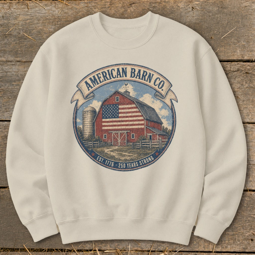 Cream sweatshirt with American Barn Co. graphic featuring a barn, silo, and flag.