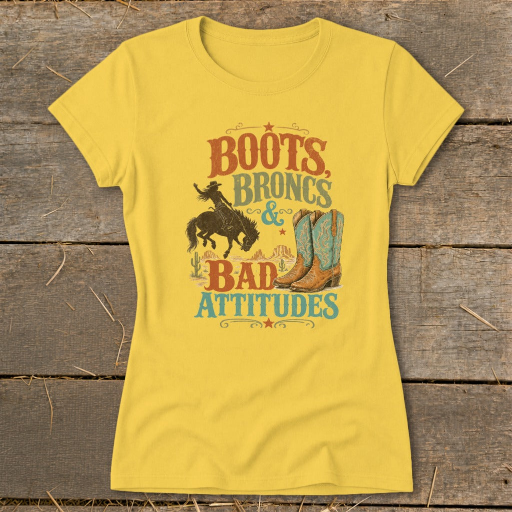 Yellow t-shirt with "Boots, Broncs & Bad Attitudes" graphic featuring cowboy boots and rodeo rider.