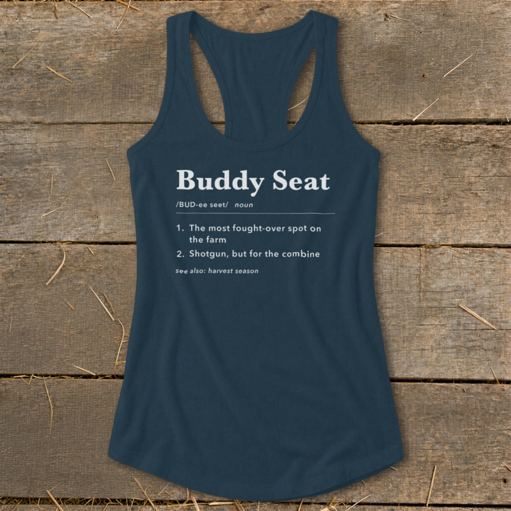 Navy tank top with "Buddy Seat" definition, including farm and harvest season references.