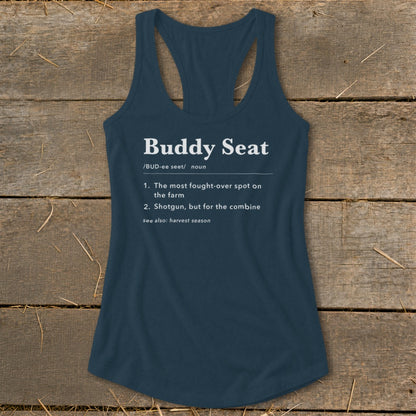 Navy tank top with "Buddy Seat" definition, including farm and harvest season references.