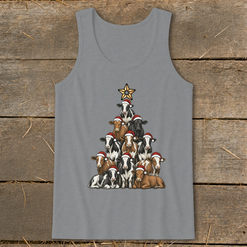 Cow Christmas tree design with Santa hats and a star on a grey tank top.