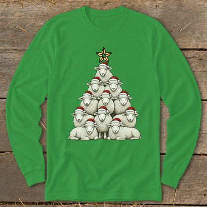 Green long sleeve shirt with a Christmas tree made of sheep wearing Santa hats.