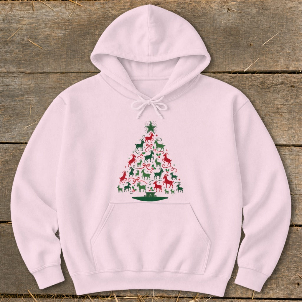 Pink hoodie with a Christmas tree design made of red and green goats.
