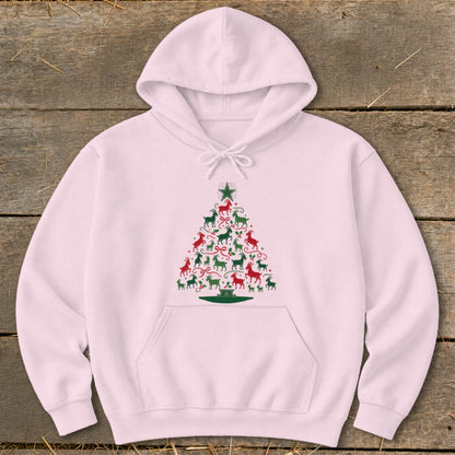 Pink hoodie with a Christmas tree design made of red and green goats.