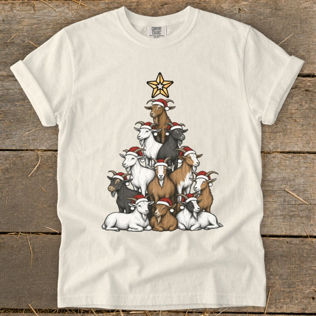Cream t-shirt featuring a Christmas tree made of goats wearing Santa hats.