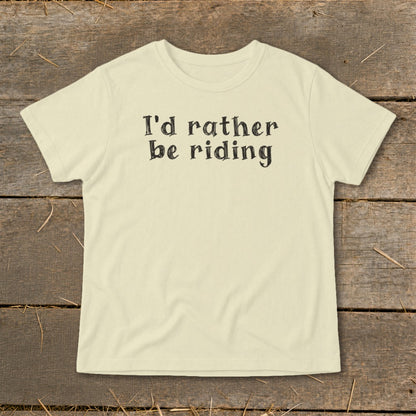 Cream t-shirt with "I'd rather be riding" text in black lettering.