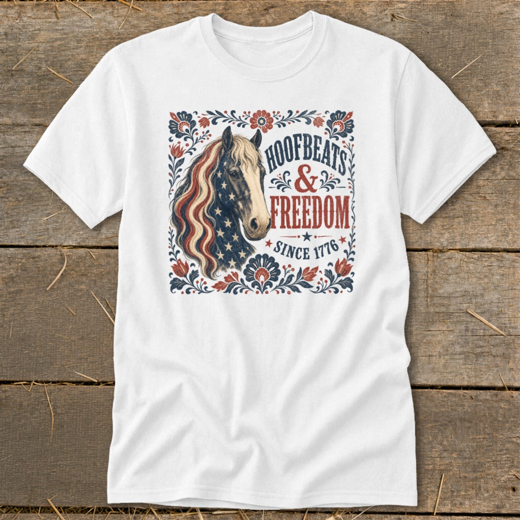 White t-shirt with a horse design featuring American flag elements and text.