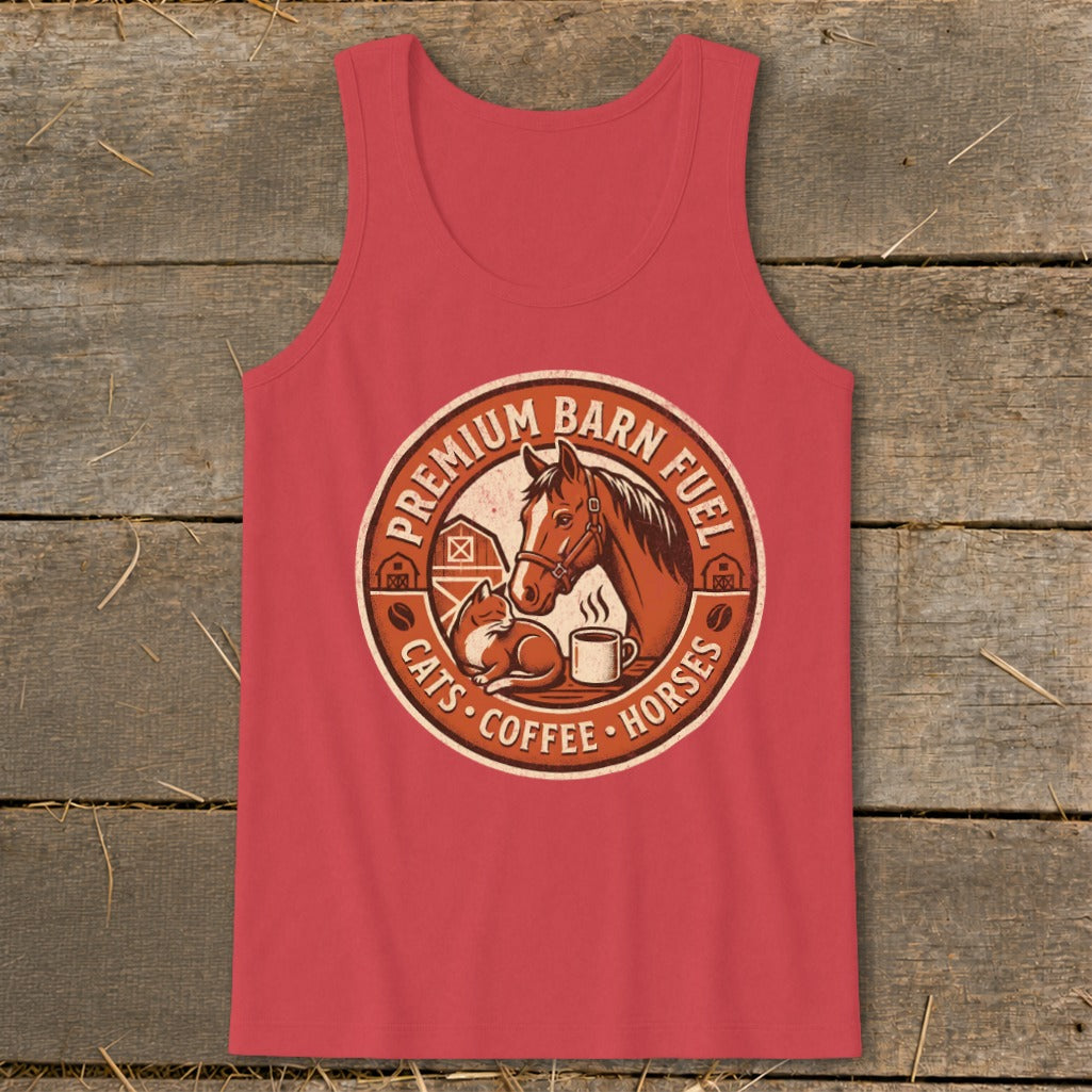 Circular graphic with horse, cat, coffee, and text "Premium Barn Fuel Cats Coffee Horses".
