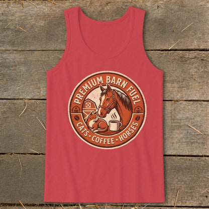 Circular graphic with horse, cat, coffee, and text "Premium Barn Fuel Cats Coffee Horses".