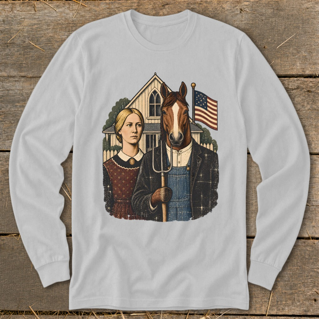 Light gray long-sleeve t-shirt featuring a parody American Gothic graphic with a horse and woman holding a pitchfork.