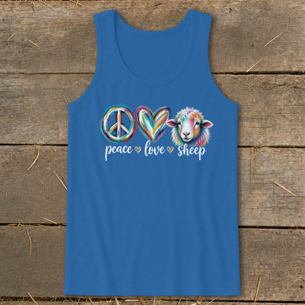Blue tank top with a watercolor peace sign, heart, and sheep graphic saying "peace love sheep".