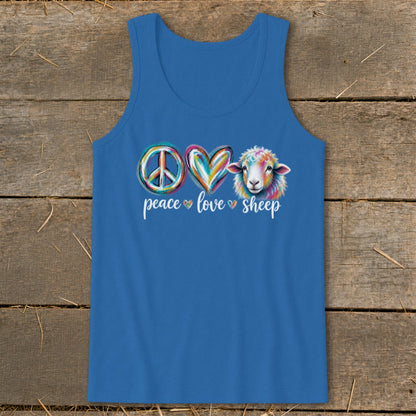 Blue tank top with a watercolor peace sign, heart, and sheep graphic saying "peace love sheep".
