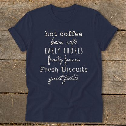 Navy t-shirt with text "hot coffee barn cats EARLY CHORES frosty fences Fresh Biscuits quiet fields"