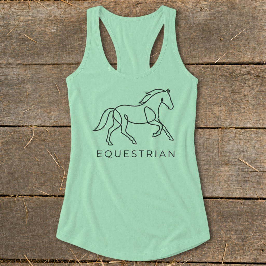 Mint green tank top with a black line drawing of a horse and the word "EQUESTRIAN".
