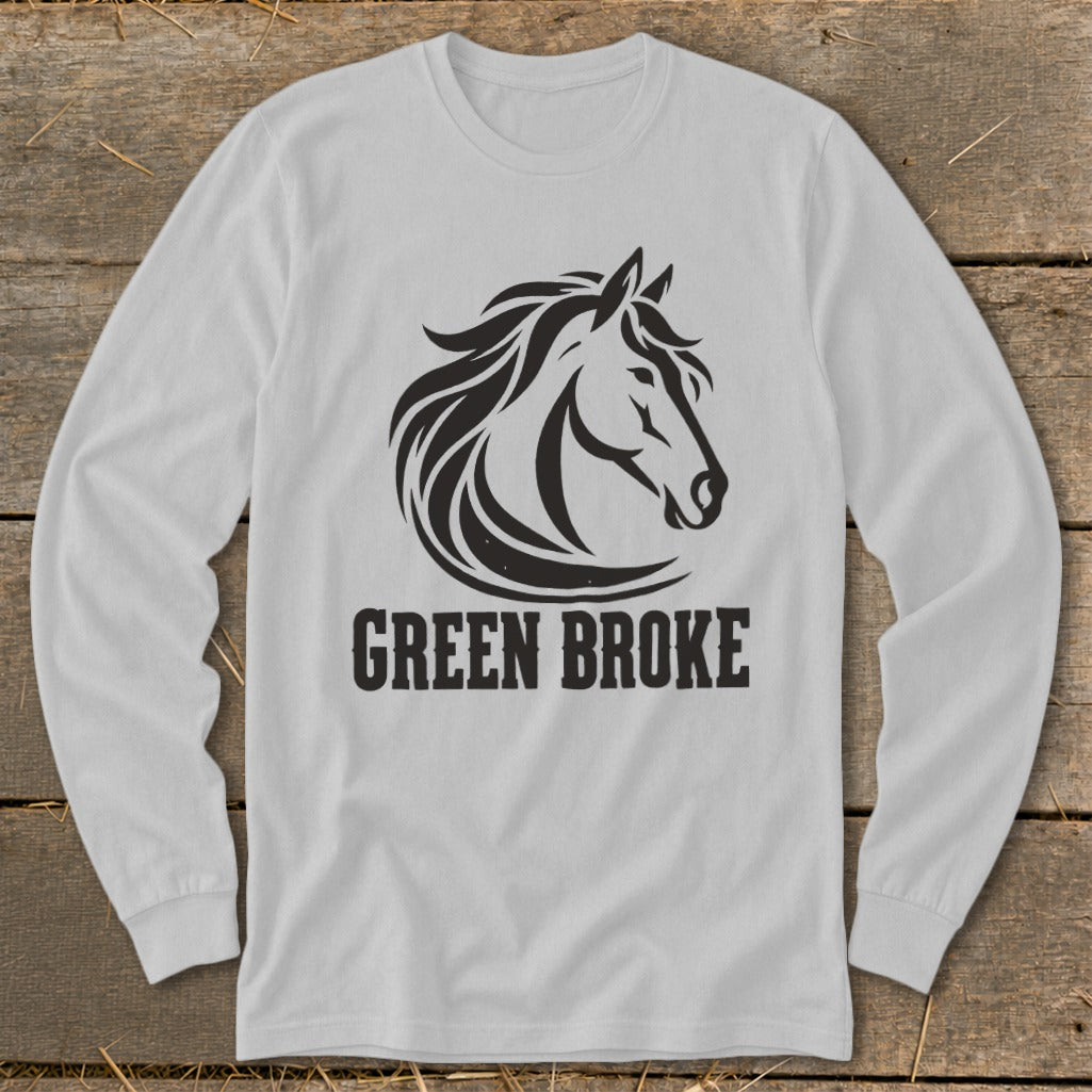 Light gray long-sleeve t-shirt with a black graphic of a horse's head and the text "GREEN BROKE".