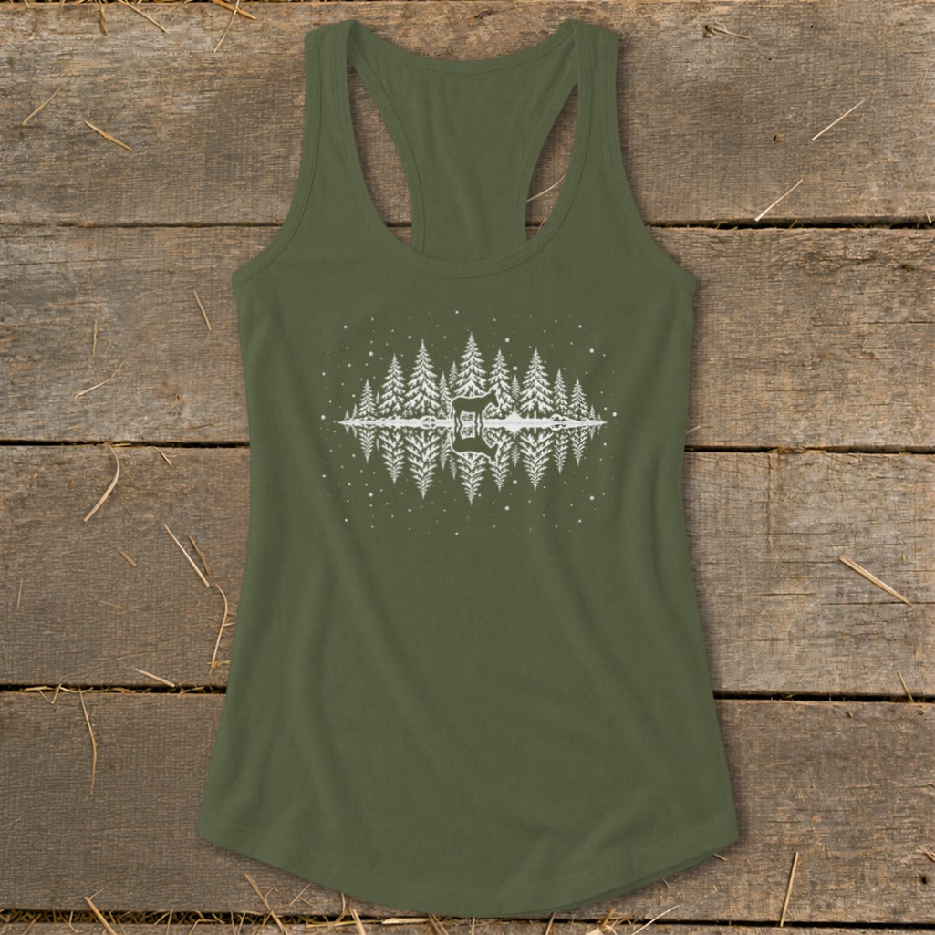 Olive green tank top with white forest and deer reflection graphic.