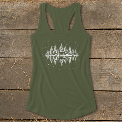 Olive green tank top with white forest and deer reflection graphic.