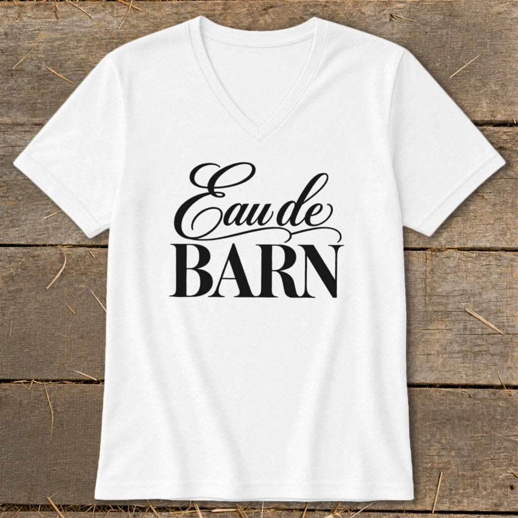 White v-neck t-shirt with black text "Eau de BARN"