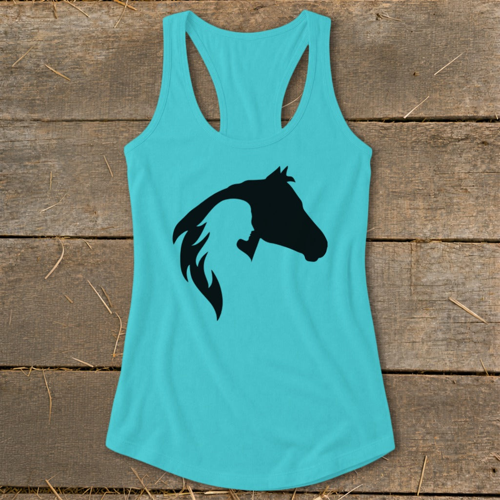 Turquoise tank top with a black silhouette of a horse's head and a woman's profile.