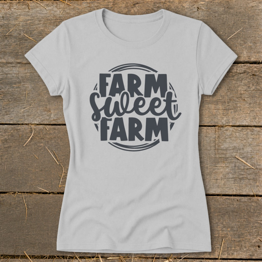 Light gray t-shirt with "Farm Sweet Farm" text in dark gray circular graphic.