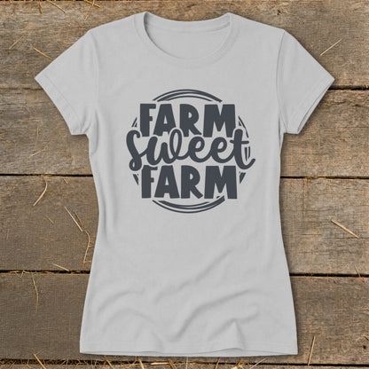 Light gray t-shirt with "Farm Sweet Farm" text in dark gray circular graphic.
