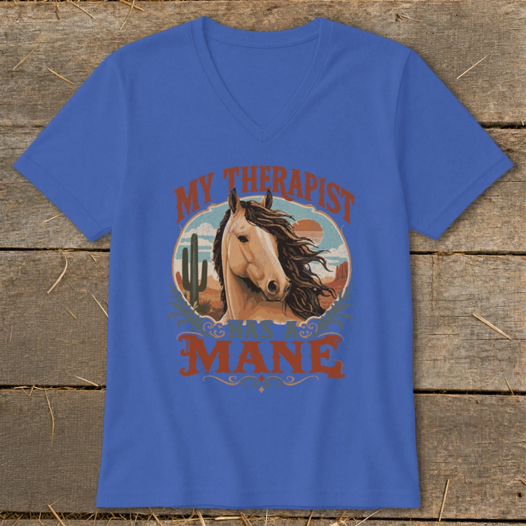 Blue t-shirt with "My Therapist Has A Mane" and horse in desert landscape.