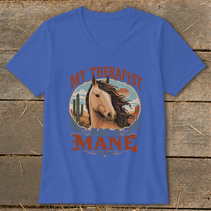 Blue t-shirt with "My Therapist Has A Mane" and horse in desert landscape.