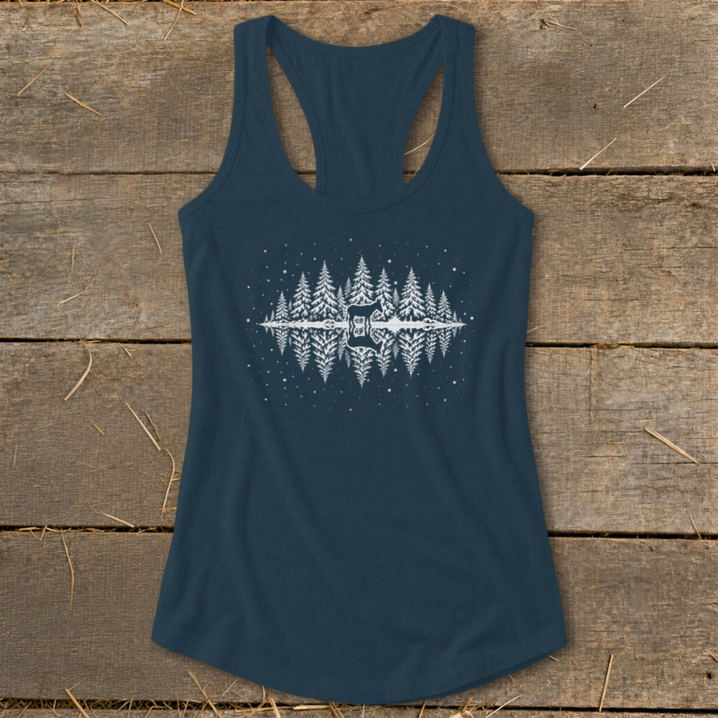 Navy tank top with a white graphic of pine trees reflected in water with a guitar silhouette.