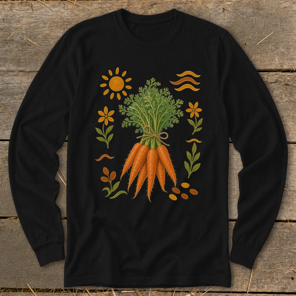Black long-sleeve shirt with a bunch of carrots and decorative floral elements.