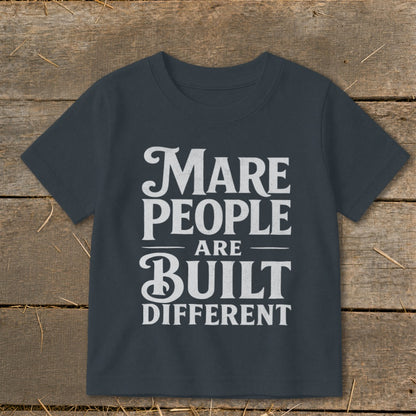 Dark grey t-shirt with white text "Mare People Are Built Different."