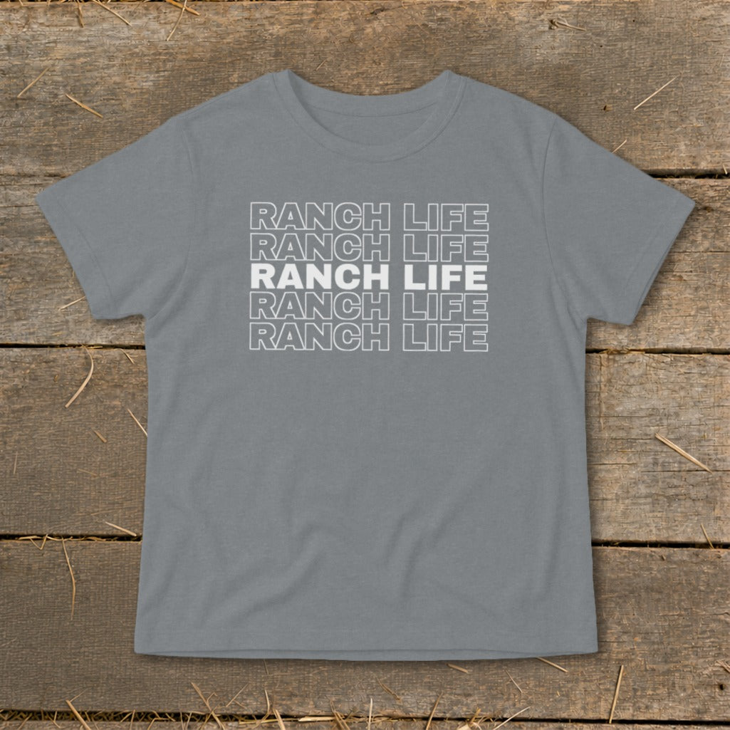 A grey short-sleeved t-shirt with the text RANCH LIFE printed repeatedly on the chest.