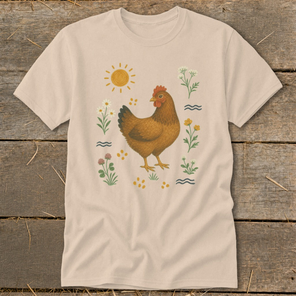 Light tan t-shirt with a brown hen, sun, and floral illustrations.