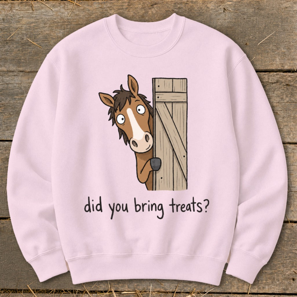 Pink sweatshirt with cartoon horse peeking from behind wooden door, text says "did you bring treats?".