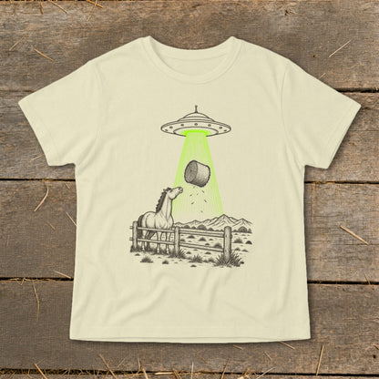 UFO abducting a hay bale with a horse looking up from a fenced pasture.