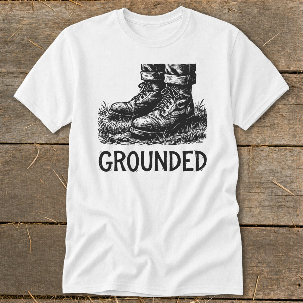 White t-shirt with illustration of boots in grass and the word "GROUNDED".