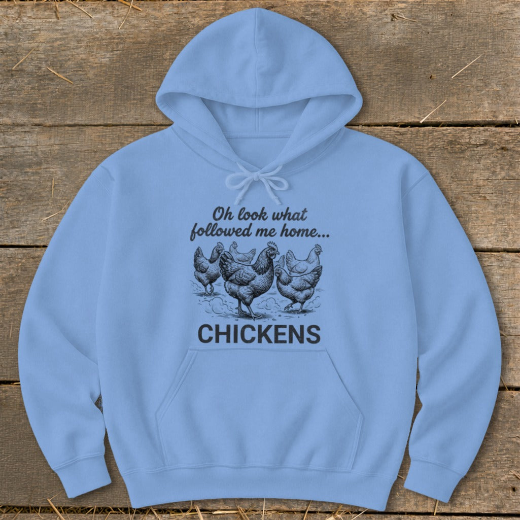 Light blue hoodie with black illustration of chickens and text "CHICKENS".