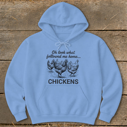 Light blue hoodie with black illustration of chickens and text "CHICKENS".