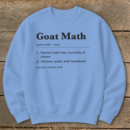 Light blue sweatshirt with "Goat Math" definition printed in black text.