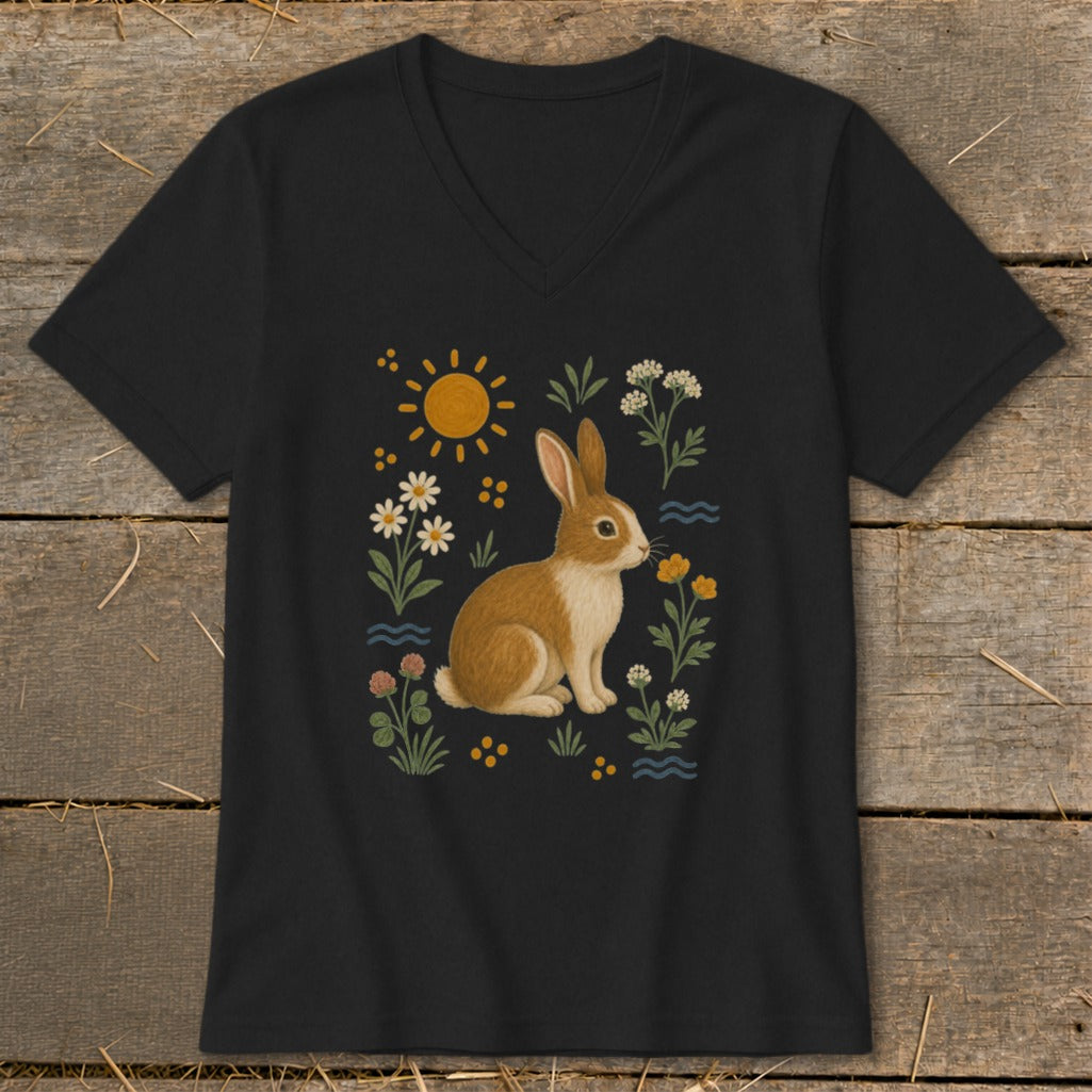 Black t-shirt with a brown and white rabbit, sun, and wildflowers illustration.