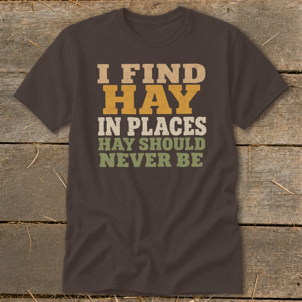 Brown t-shirt with text "I FIND HAY IN PLACES HAY SHOULD NEVER BE".